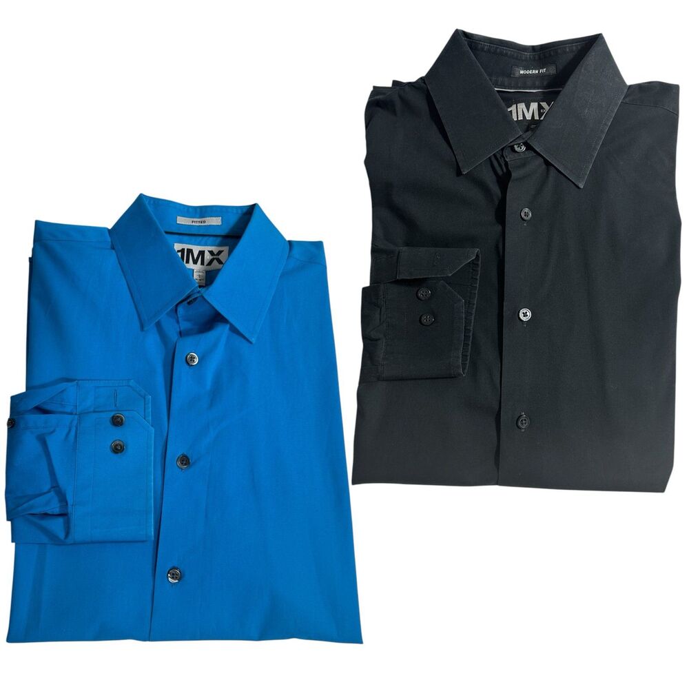 Lot Of 2 Express 1MX Dress Shirt Mens Sz Large Black/Blue Long Sleeve Button Up